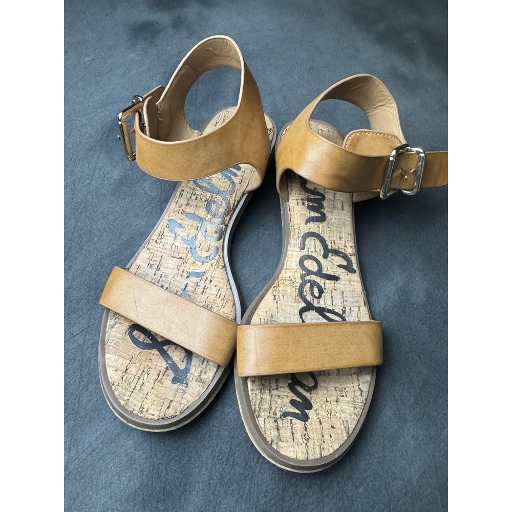 Sam Edelman Gigi Sandals 7.5 Tan Leather Strappy Flat Sandal Cork Footbed Boho